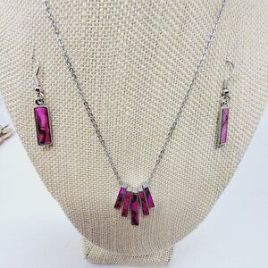 Estate silver tone pink paua shell earrings and necklace set